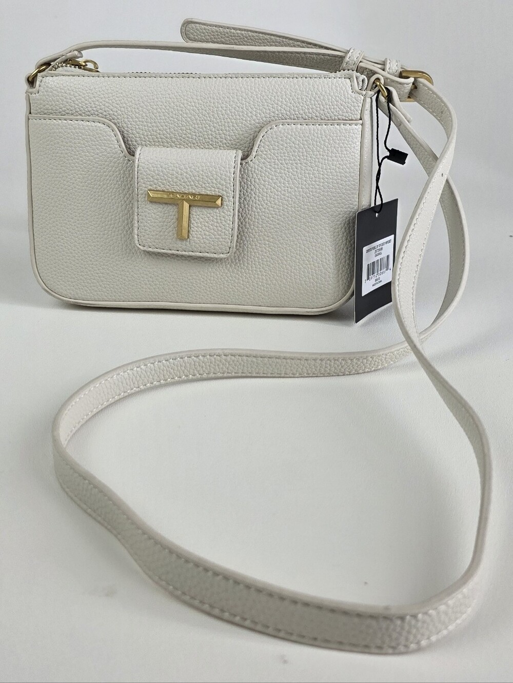 Tahari Ivory Pebbled Crossbody with Gold Logo!
